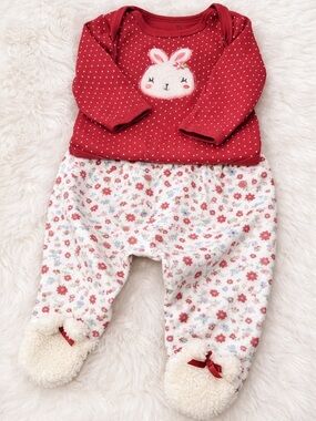 Red Bunny Floral Footed Baby Pajamas